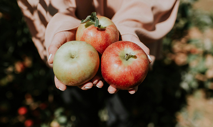 3 manzanas rojas de verano entre las manos