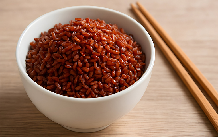 receta básica y fácil con arroz rojo dentro de un bol blanco sobre tabla de madera y palillos