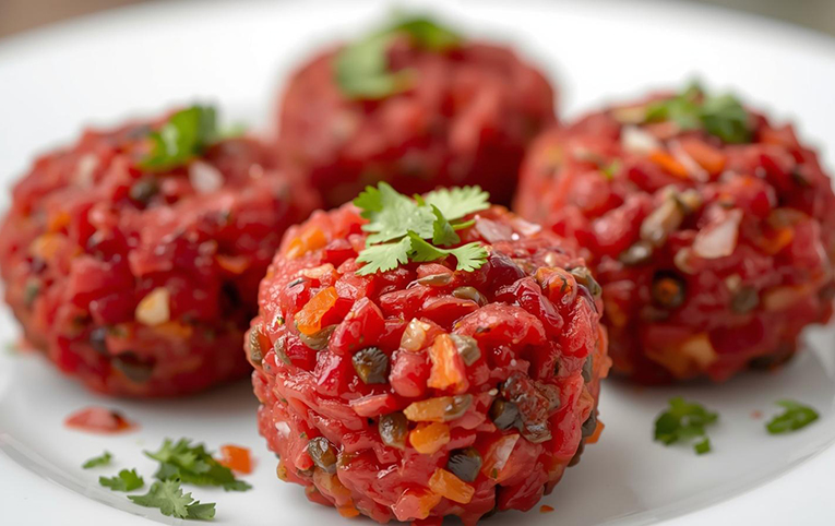 bolas de arroz rojo, lentejas y zanahoria coronados con cilantro