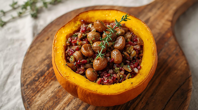 calabaza rellena de castañas, arroz rojo y salsa de tomillo